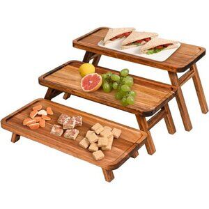 3 Tier Serving Tray, Foldable Cupcake Stand, Acacia Wooden Cupcake Tower